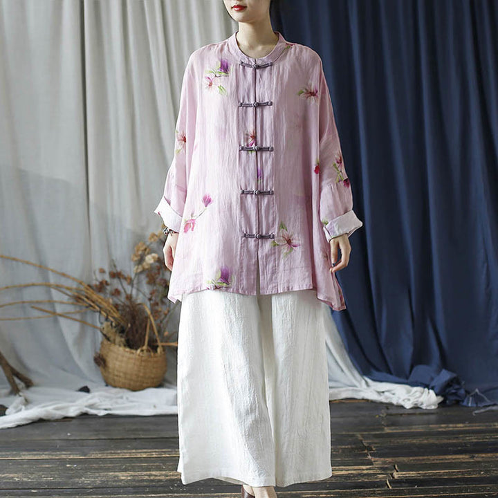 Buddha Stones Rosa Blumendruck Froschknopf Design Fledermausärmel Langarm Ramie Leinen Jacke Hemd - image 38