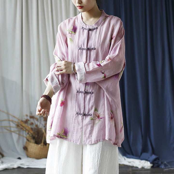 Buddha Stones Rosa Blumendruck Froschknopf Design Fledermausärmel Langarm Ramie Leinen Jacke Hemd - image 30