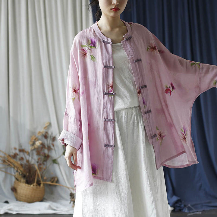 Buddha Stones Rosa Blumendruck Froschknopf Design Fledermausärmel Langarm Ramie Leinen Jacke Hemd - image 28