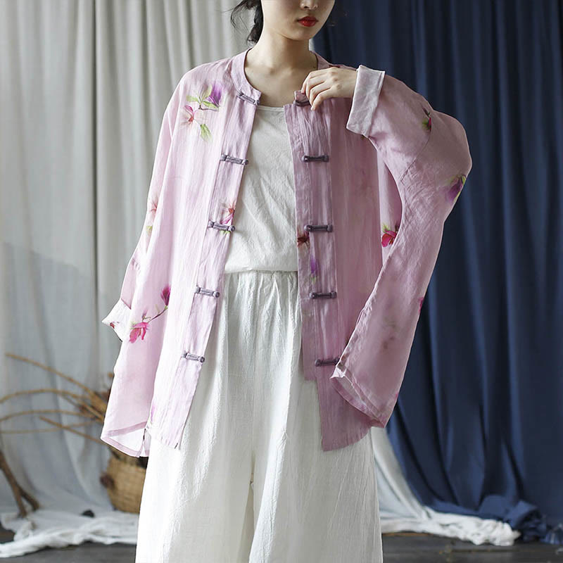 Buddha Stones Rosa Blumendruck Froschknopf Design Fledermausärmel Langarm Ramie Leinen Jacke Hemd - image 29