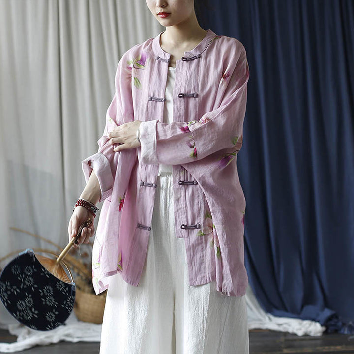 Buddha Stones Rosa Blumendruck Froschknopf Design Fledermausärmel Langarm Ramie Leinen Jacke Hemd - image 26