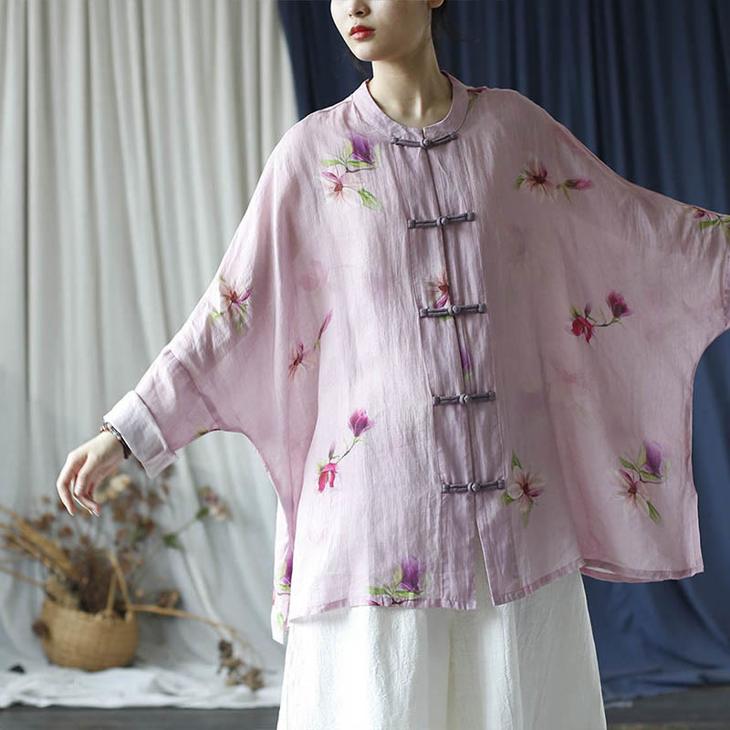 Buddha Stones Rosa Blumendruck Froschknopf Design Fledermausärmel Langarm Ramie Leinen Jacke Hemd - image 22