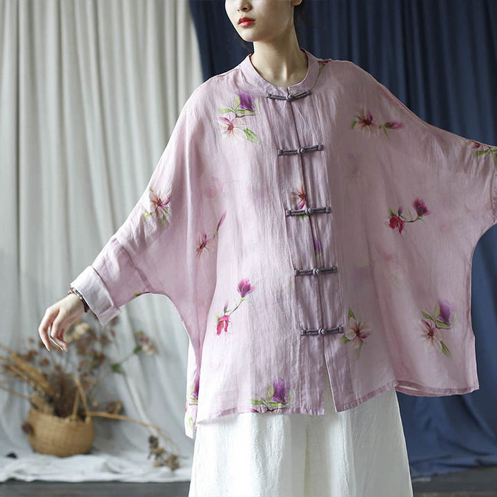 Buddha Stones Rosa Blumendruck Froschknopf Design Fledermausärmel Langarm Ramie Leinen Jacke Hemd - image 22