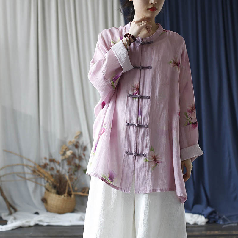 Buddha Stones Rosa Blumendruck Froschknopf Design Fledermausärmel Langarm Ramie Leinen Jacke Hemd - image 36