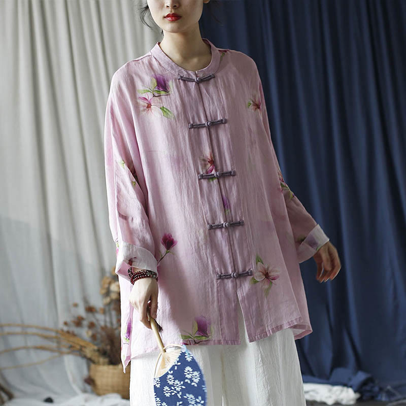Buddha Stones Rosa Blumendruck Froschknopf Design Fledermausärmel Langarm Ramie Leinen Jacke Hemd - image 32