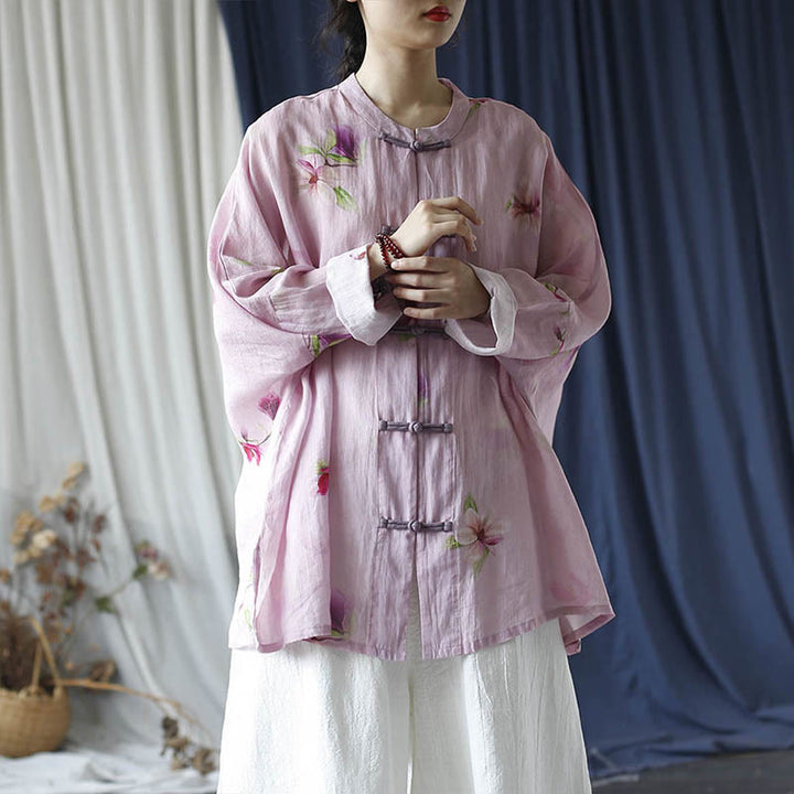 Buddha Stones Rosa Blumendruck Froschknopf Design Fledermausärmel Langarm Ramie Leinen Jacke Hemd - image 34