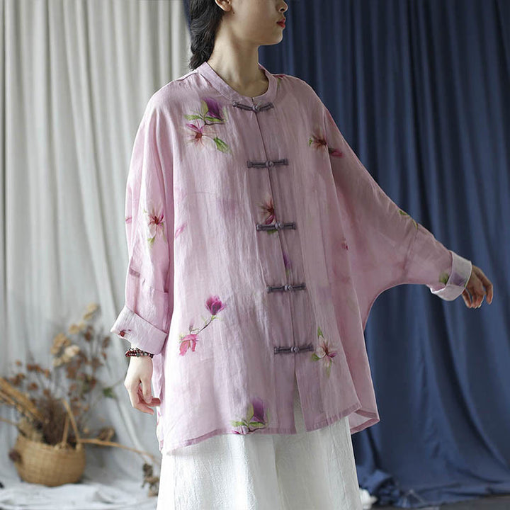 Buddha Stones Rosa Blumendruck Froschknopf Design Fledermausärmel Langarm Ramie Leinen Jacke Hemd - image 35