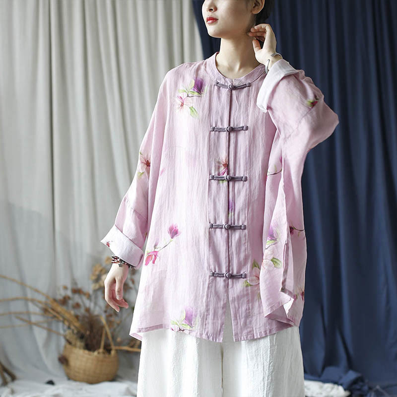 Buddha Stones Rosa Blumendruck Froschknopf Design Fledermausärmel Langarm Ramie Leinen Jacke Hemd - image 20