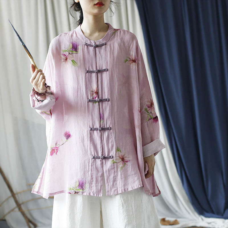 Buddha Stones Rosa Blumendruck Froschknopf Design Fledermausärmel Langarm Ramie Leinen Jacke Hemd - image 31