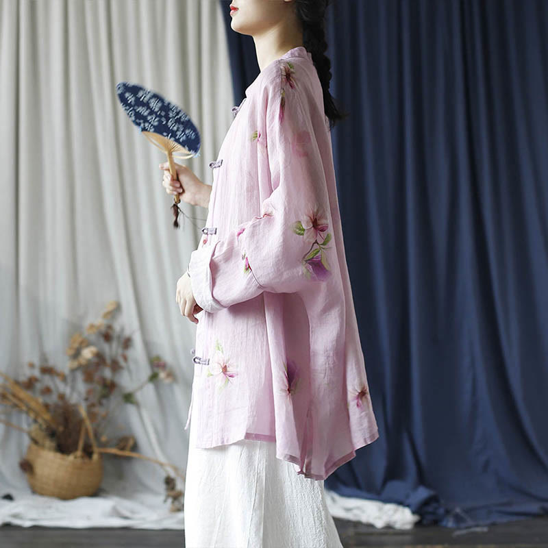 Buddha Stones Rosa Blumendruck Froschknopf Design Fledermausärmel Langarm Ramie Leinen Jacke Hemd - image 21