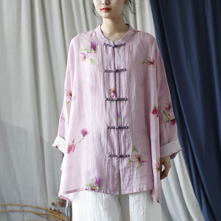 Buddha Stones Rosa Blumendruck Froschknopf Design Fledermausärmel Langarm Ramie Leinen Jacke Hemd - image 33