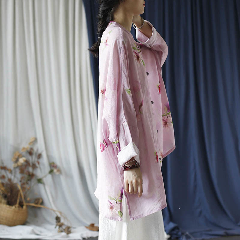 Buddha Stones Rosa Blumendruck Froschknopf Design Fledermausärmel Langarm Ramie Leinen Jacke Hemd - image 18