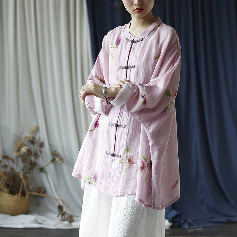 Buddha Stones Rosa Blumendruck Froschknopf Design Fledermausärmel Langarm Ramie Leinen Jacke Hemd - image 37