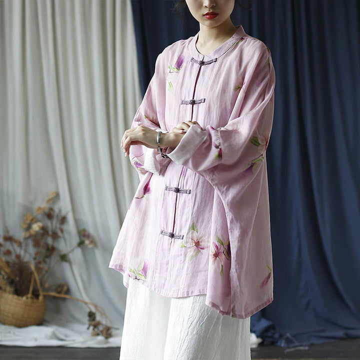 Buddha Stones Rosa Blumendruck Froschknopf Design Fledermausärmel Langarm Ramie Leinen Jacke Hemd - image 37