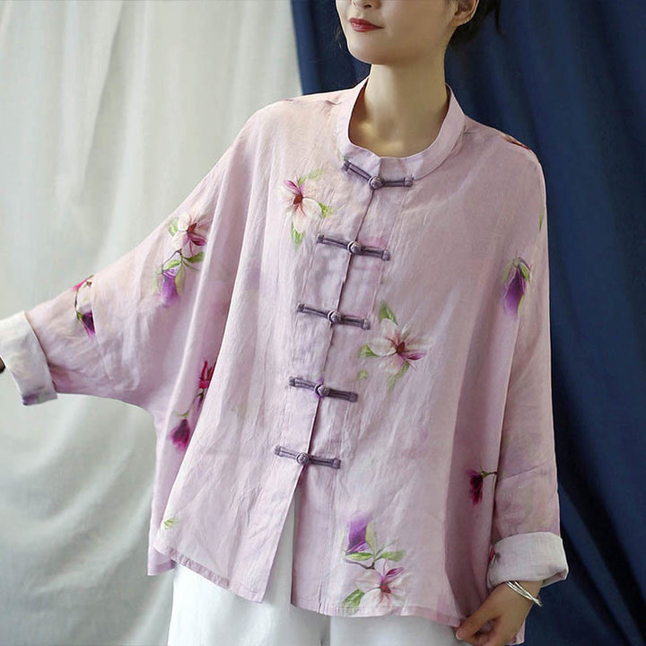 Buddha Stones Rosa Blumendruck Froschknopf Design Fledermausärmel Langarm Ramie Leinen Jacke Hemd - image 14