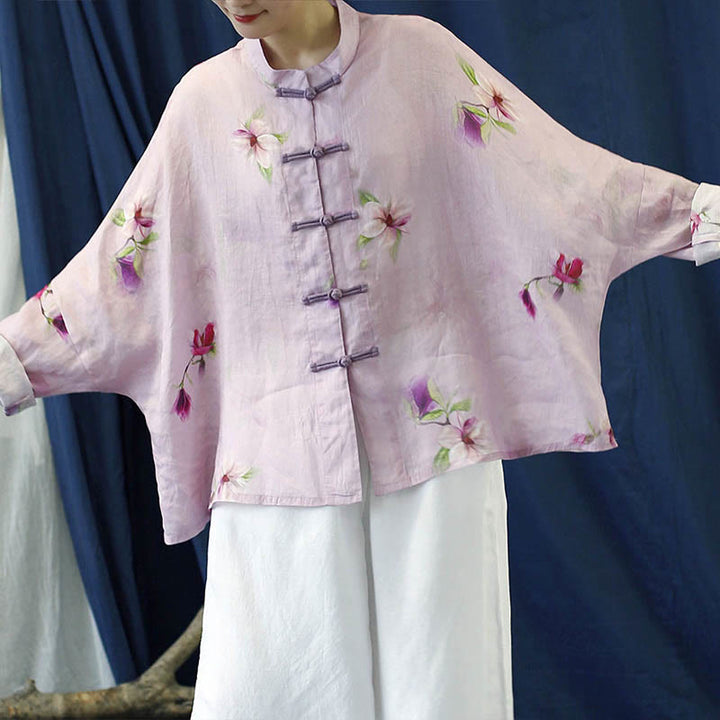 Buddha Stones Rosa Blumendruck Froschknopf Design Fledermausärmel Langarm Ramie Leinen Jacke Hemd - image 12