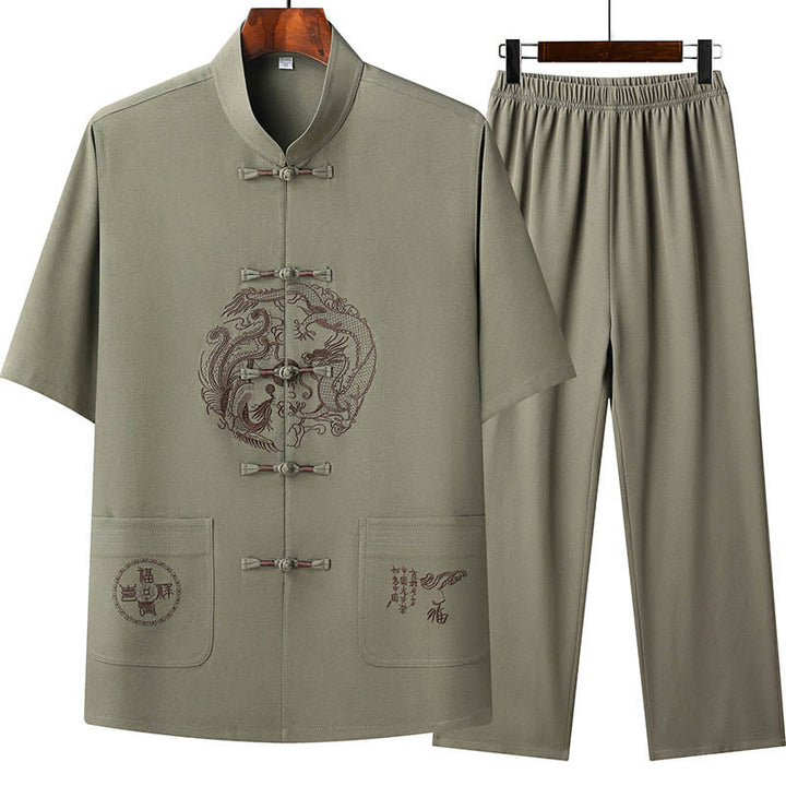 Buddha-Steine, Drache, Fu-Charakter, Tang-Anzug, traditionelles Kurzarmhemd, Hose mit weitem Bein, Kleidung für Herren - Grün (Oberteil und Hose) - US/ UK/AU44，EU54 (4XL) - image 17