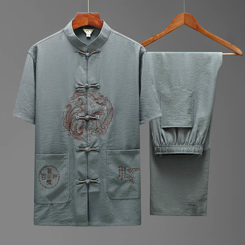 Buddha-Steine, Drache, Fu-Charakter, Tang-Anzug, traditionelles Kurzarmhemd, Hose mit weitem Bein, Kleidung für Herren - Grau (Oberteil und Hose) - US/ UK/AU44，EU54 (4XL) - image 2