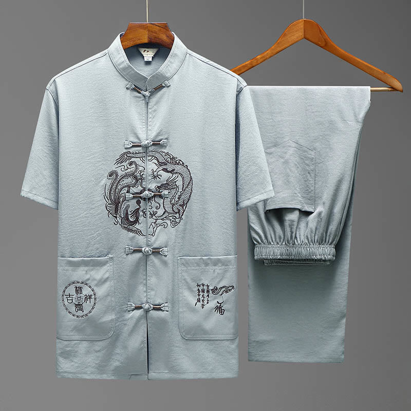 Buddha-Steine, Drache, Fu-Charakter, Tang-Anzug, traditionelles Kurzarmhemd, Hose mit weitem Bein, Kleidung für Herren - Hellgrau (Oberteil & Hose) - US/ UK/AU44, EU54 (4XL) - image 16