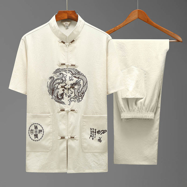Buddha-Steine, Drache, Fu-Charakter, Tang-Anzug, traditionelles Kurzarmhemd, Hose mit weitem Bein, Kleidung für Herren - Beige (Oberteil & Hose) - US/ UK/AU44, EU54 (4XL) - image 1