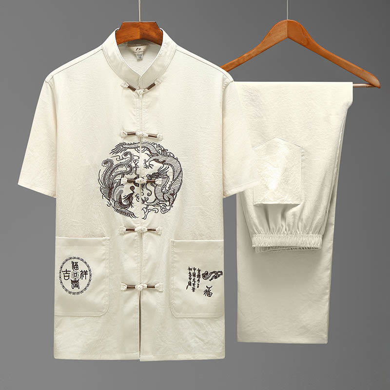 Buddha-Steine, Drache, Fu-Charakter, Tang-Anzug, traditionelles Kurzarmhemd, Hose mit weitem Bein, Kleidung für Herren - Beige (Oberteil und Hose) - US/ UK/AU44，EU54 (4XL) - image 1