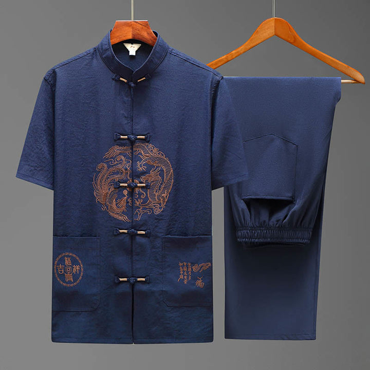 Buddha-Steine, Drache, Fu-Charakter, Tang-Anzug, traditionelles Kurzarmhemd, Hose mit weitem Bein, Kleidung für Herren - Blau (Oberteil & Hose) - US/ UK/AU44, EU54 (4XL) - image 0
