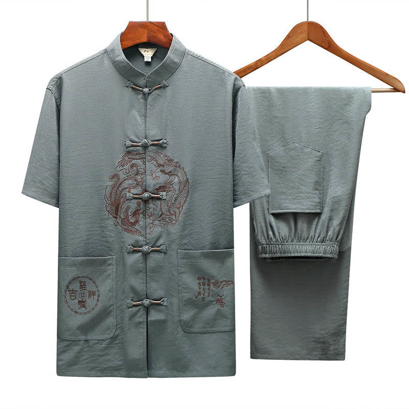Buddha-Steine, Drache, Fu-Charakter, Tang-Anzug, traditionelles Kurzarmhemd, Hose mit weitem Bein, Kleidung für Herren - image 15