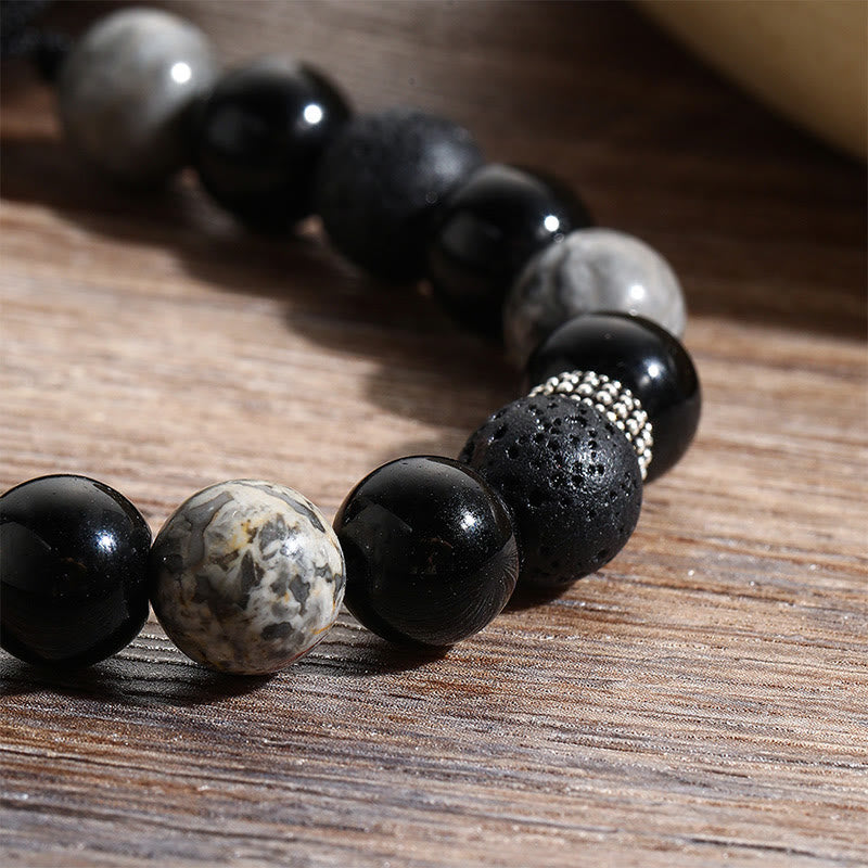 Buddha Stones Vintage Lavastein Schwarzer Obsidian Picasso Jaspis Perlen Stützseil Armband