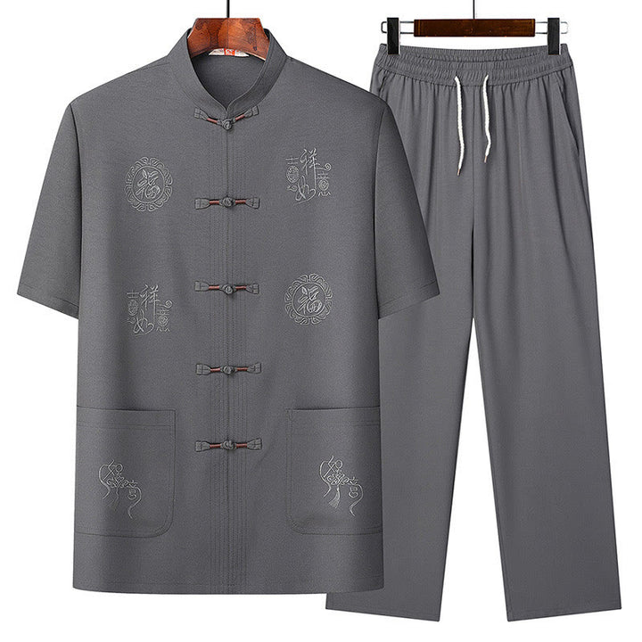 Buddha-Steine, Fu-Charakter, Glücksbringer-Stickerei, Tang-Anzug, traditionelle Uniform, kurzärmeliges Oberteil und Hose, Kleidung für Herren