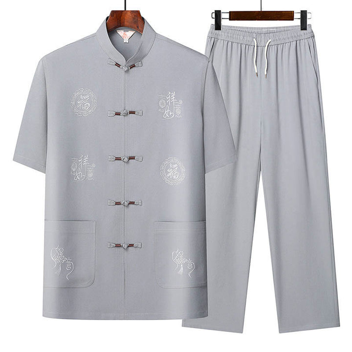 Buddha-Steine, Fu-Charakter, Glücksbringer-Stickerei, Tang-Anzug, traditionelle Uniform, kurzärmeliges Oberteil und Hose, Kleidung für Herren