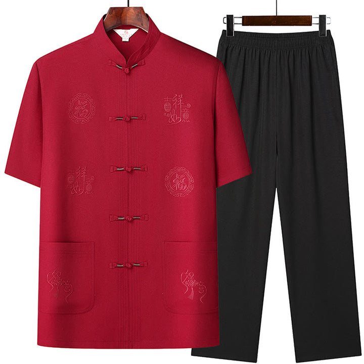 Buddha-Steine, Fu-Charakter, Glücksbringer-Stickerei, Tang-Anzug, traditionelle Uniform, kurzärmeliges Oberteil und Hose, Kleidung für Herren