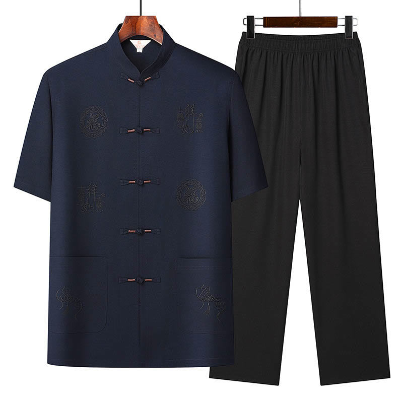 Buddha-Steine, Fu-Charakter, Glücksbringer-Stickerei, Tang-Anzug, traditionelle Uniform, kurzärmeliges Oberteil und Hose, Kleidung für Herren