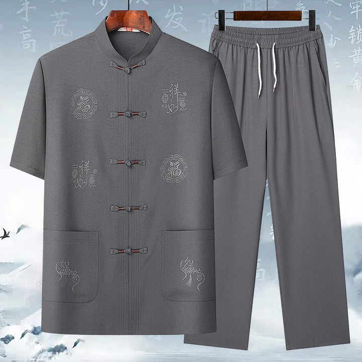 Buddha-Steine, Fu-Charakter, Glücksbringer-Stickerei, Tang-Anzug, traditionelle Uniform, kurzärmeliges Oberteil und Hose, Kleidung für Herren