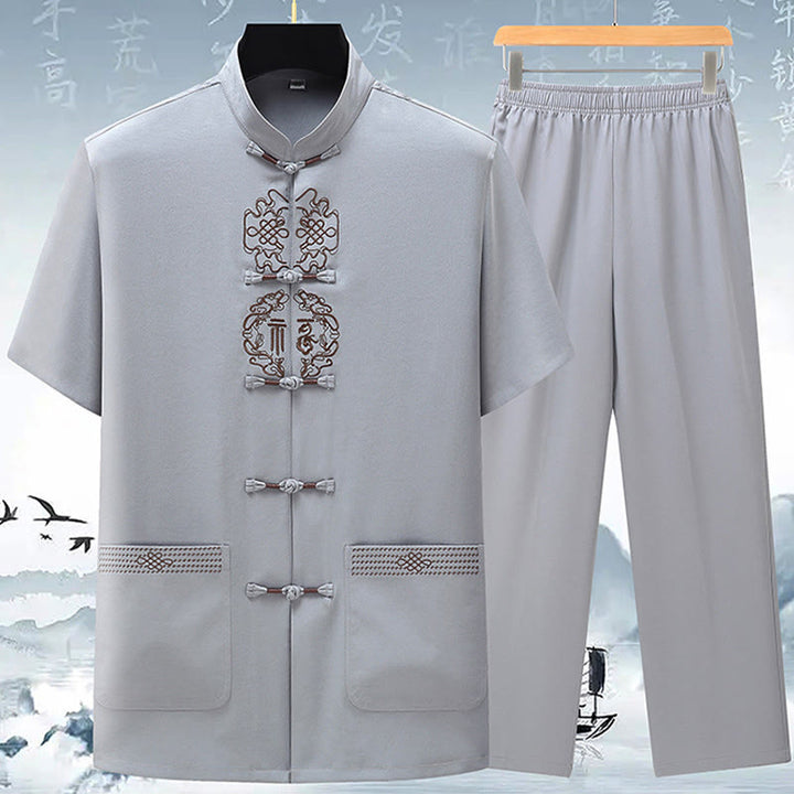 Buddha-Steine, Fu-Charakter, chinesische Knotenstickerei, Tang-Anzug, traditionelle kurzärmelige Oberteile und Hosen, Kleidung für Herren - Hellgrau (Oberteil und Hose) - US/ UK/AU42，EU52 (3XL) - image 3