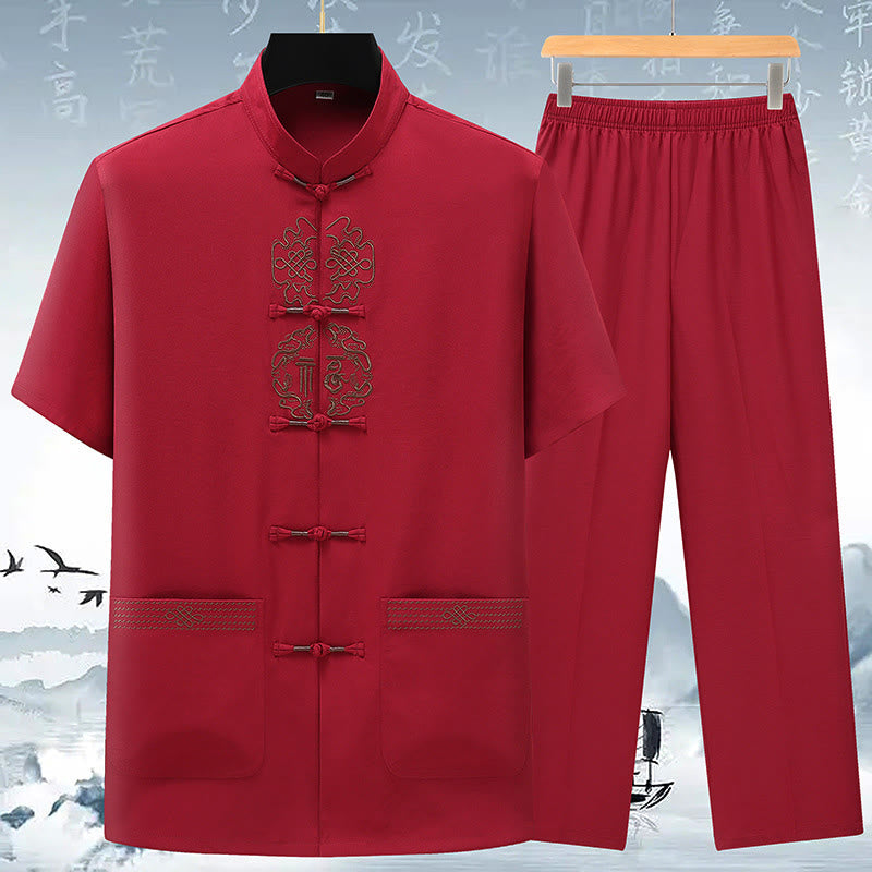 Buddha-Steine, Fu-Charakter, chinesische Knotenstickerei, Tang-Anzug, traditionelle kurzärmelige Oberteile und Hosen, Kleidung für Herren - Rot (Oberteil und Hose) - US/ UK/AU42，EU52 (3XL) - image 1