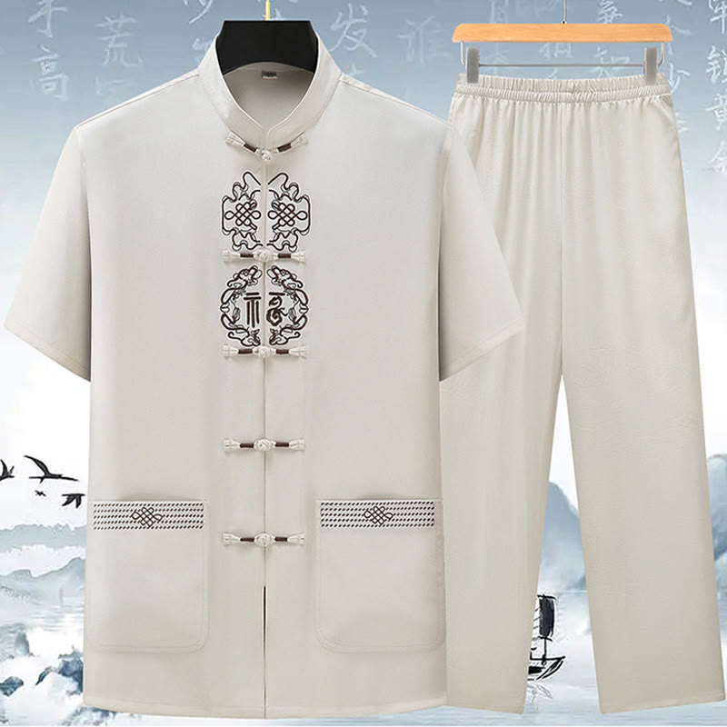 Buddha-Steine, Fu-Charakter, chinesische Knotenstickerei, Tang-Anzug, traditionelle kurzärmelige Oberteile und Hosen, Kleidung für Herren - Beige (Oberteil und Hose) - US/ UK/AU42，EU52 (3XL) - image 0