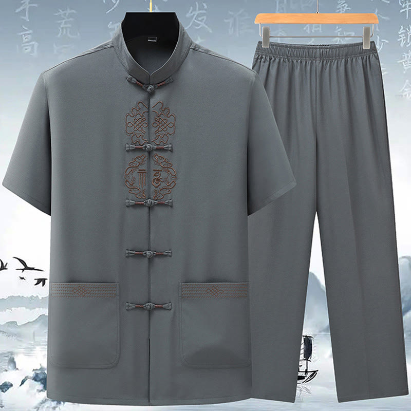 Buddha-Steine, Fu-Charakter, chinesische Knotenstickerei, Tang-Anzug, traditionelle kurzärmelige Oberteile und Hosen, Kleidung für Herren - Grau (Oberteil und Hose) - US/ UK/AU42，EU52 (3XL) - image 5