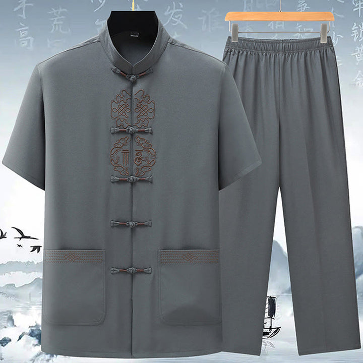 Buddha-Steine, Fu-Charakter, chinesische Knotenstickerei, Tang-Anzug, traditionelle kurzärmelige Oberteile und Hosen, Kleidung für Herren - Grau (Oberteil und Hose) - US/ UK/AU42，EU52 (3XL) - image 5