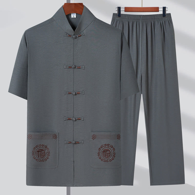 Buddha-Steine, Fu-Charakter-Stickerei, Tang-Anzug, traditioneller Froschknopf, kurzärmeliges Oberteil und Hose, Kleidung für Herren - Grau (Oberteil & Hose) - US/ UK/AU44, EU54 (4XL) - image 3