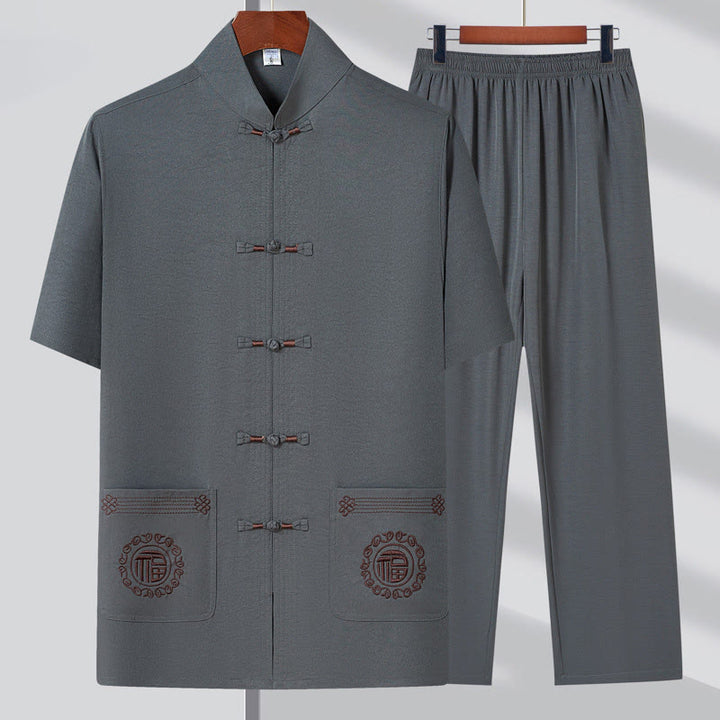 Buddha-Steine, Fu-Charakter-Stickerei, Tang-Anzug, traditioneller Froschknopf, kurzärmeliges Oberteil und Hose, Kleidung für Herren - Grau (Oberteil & Hose) - US/ UK/AU44, EU54 (4XL) - image 3