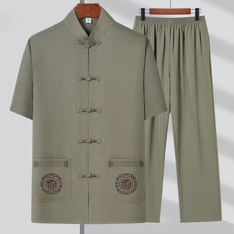 Buddha-Steine, Fu-Charakter-Stickerei, Tang-Anzug, traditioneller Froschknopf, kurzärmeliges Oberteil und Hose, Kleidung für Herren - Hellgrün (Oberteil & Hose) - US/UK/AU44, EU54 (4XL) - image 0