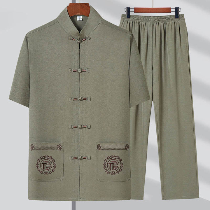 Buddha-Steine, Fu-Charakter-Stickerei, Tang-Anzug, traditioneller Froschknopf, kurzärmeliges Oberteil und Hose, Kleidung für Herren - Hellgrün (Oberteil & Hose) - US/UK/AU44, EU54 (4XL) - image 0