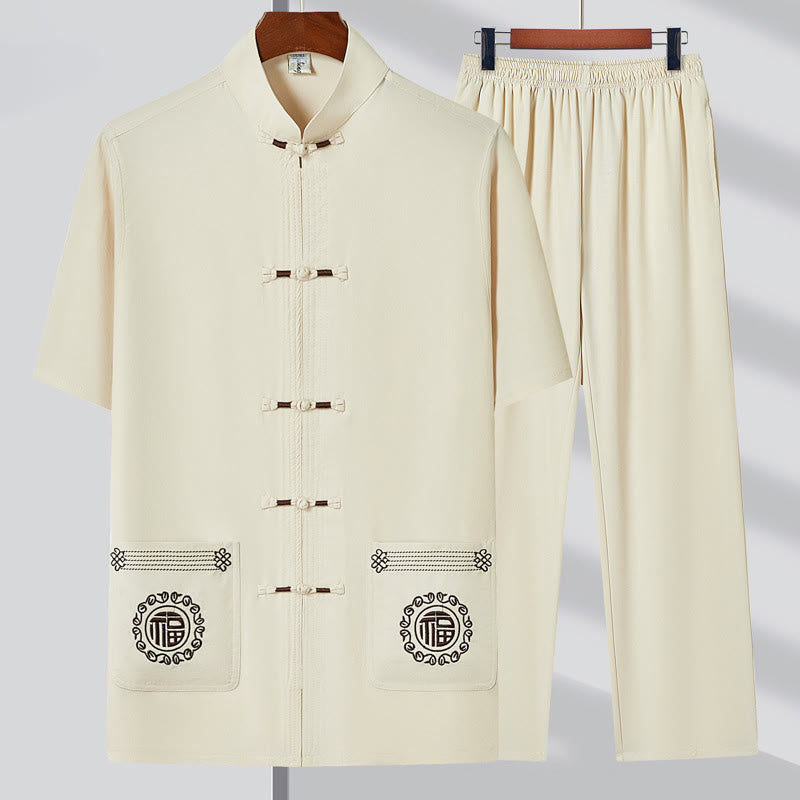 Buddha-Steine, Fu-Charakter-Stickerei, Tang-Anzug, traditioneller Froschknopf, kurzärmeliges Oberteil und Hose, Kleidung für Herren - Beige (Oberteil & Hose) - US/UK/AU44, EU54 (4XL) - image 2