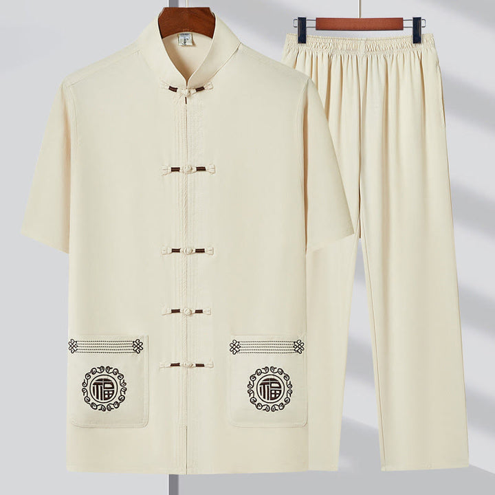 Buddha-Steine, Fu-Charakter-Stickerei, Tang-Anzug, traditioneller Froschknopf, kurzärmeliges Oberteil und Hose, Kleidung für Herren - Beige (Oberteil & Hose) - US/UK/AU44, EU54 (4XL) - image 2