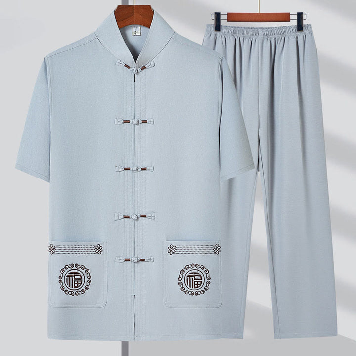 Buddha-Steine, Fu-Charakter-Stickerei, Tang-Anzug, traditioneller Froschknopf, kurzärmeliges Oberteil und Hose, Kleidung für Herren - Hellgrau (Oberteil & Hose) - US/UK/AU44, EU54 (4XL) - image 5