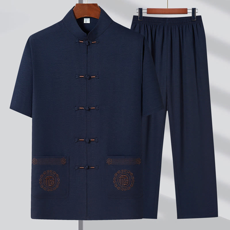 Buddha-Steine, Fu-Charakter-Stickerei, Tang-Anzug, traditioneller Froschknopf, kurzärmeliges Oberteil und Hose, Kleidung für Herren - Dunkelblau (Oberteil & Hose) - US/UK/AU44, EU54 (4XL) - image 1