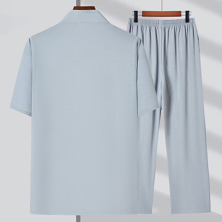 Buddha-Steine, Fu-Charakter-Stickerei, Tang-Anzug, traditioneller Froschknopf, kurzärmeliges Oberteil und Hose, Kleidung für Herren - image 6