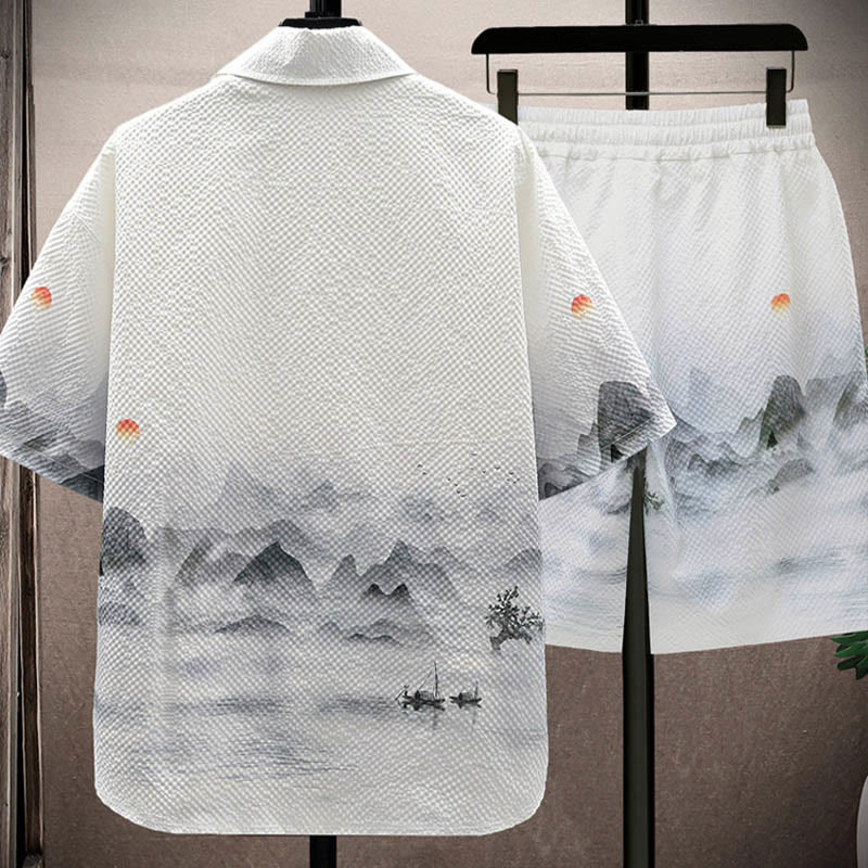 Buddha-Steine-Landschaft, Kokospalmen, Elster-Muster, kurzärmelige Shorts für Herren - image 1