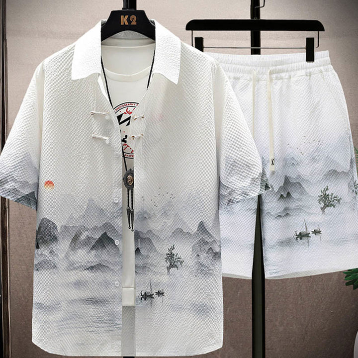 Buddha-Steine-Landschaft, Kokospalmen, Elster-Muster, kurzärmelige Shorts für Herren - Landschaft (Hemd & Shorts) - US/ UK/AU44，EU54 (4XL) - image 0