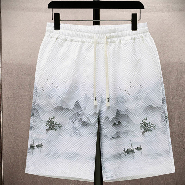 Buddha-Steine-Landschaft, Kokospalmen, Elster-Muster, kurzärmelige Shorts für Herren